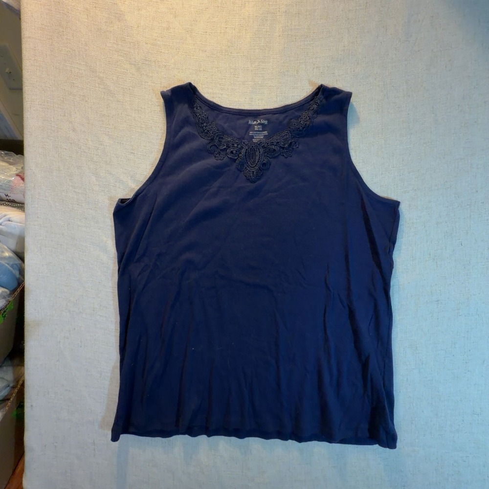 White Stag Tank Top V-Neck Lace Trim Navy Blue Women's Size X-Large